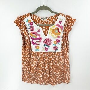 ✅ SAVANNA JANE Leopard With Embroidery Flower Woven Top BROWN/PINK SIZE MEDIUM